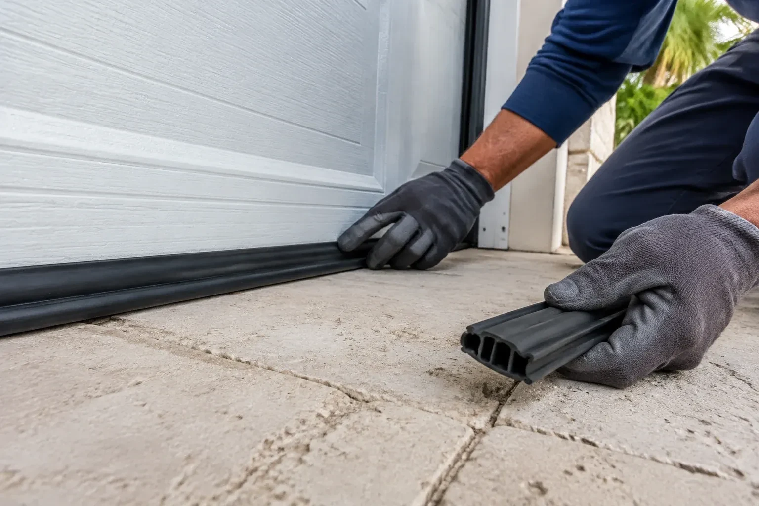 Gloved hands setting a black rubber seal along the base of a white garage door, holding a ribbed strip over paving stones. — Garage Door Bottom Seal Replacement, Glen Agar