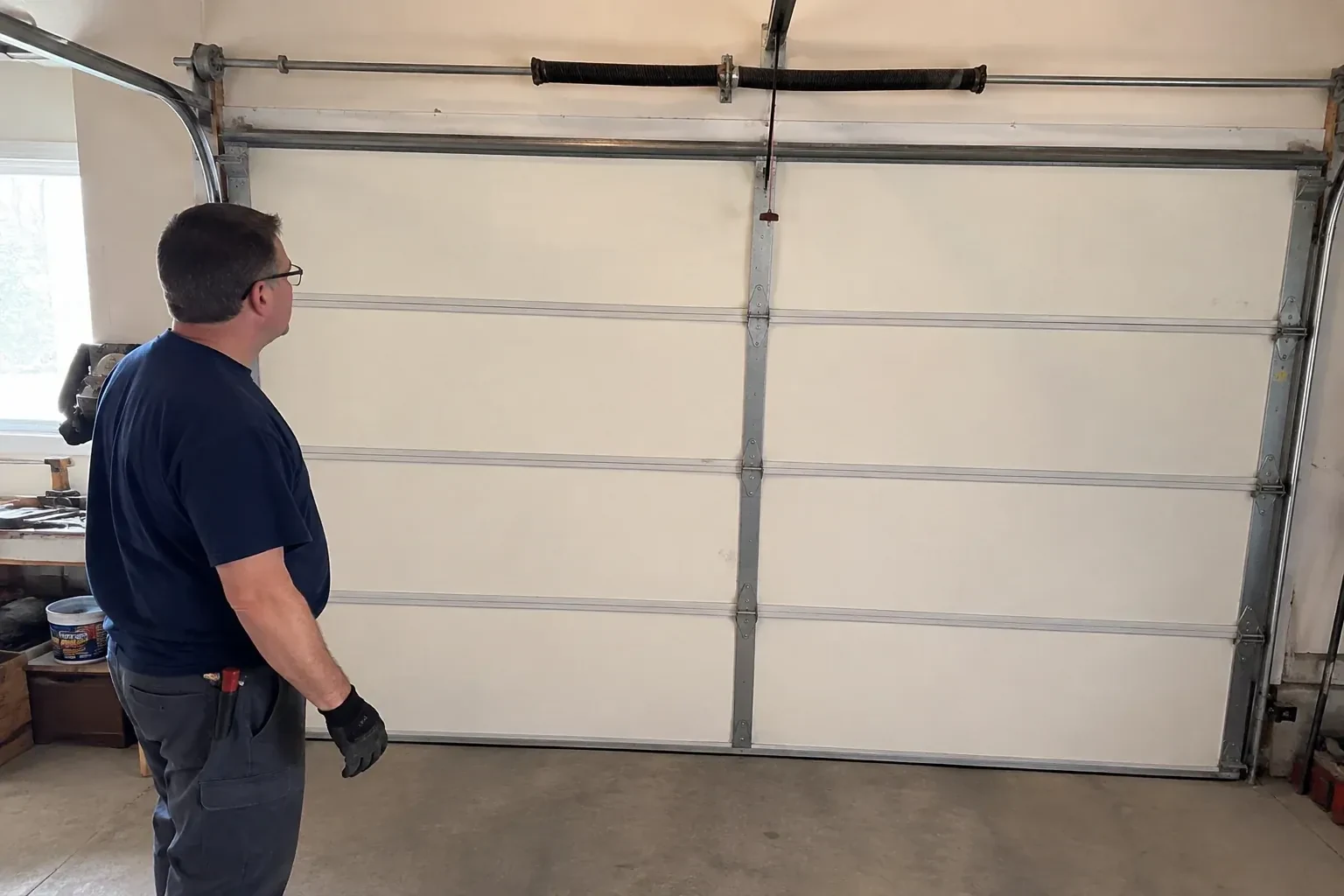 Person in a dark shirt standing before a closed cream sectional door, looking up at a coiled spring and red-tipped cord. — Off-Track Garage Door Reset, Islington