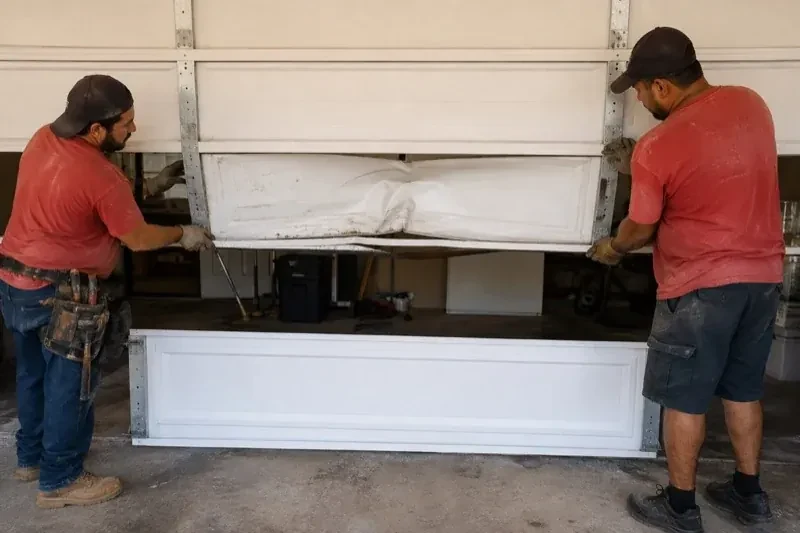 Two people holding a dented lower garage-door section above a separate white panel resting on the ground. — Garage Door Panel Replacement, Princess Margaret