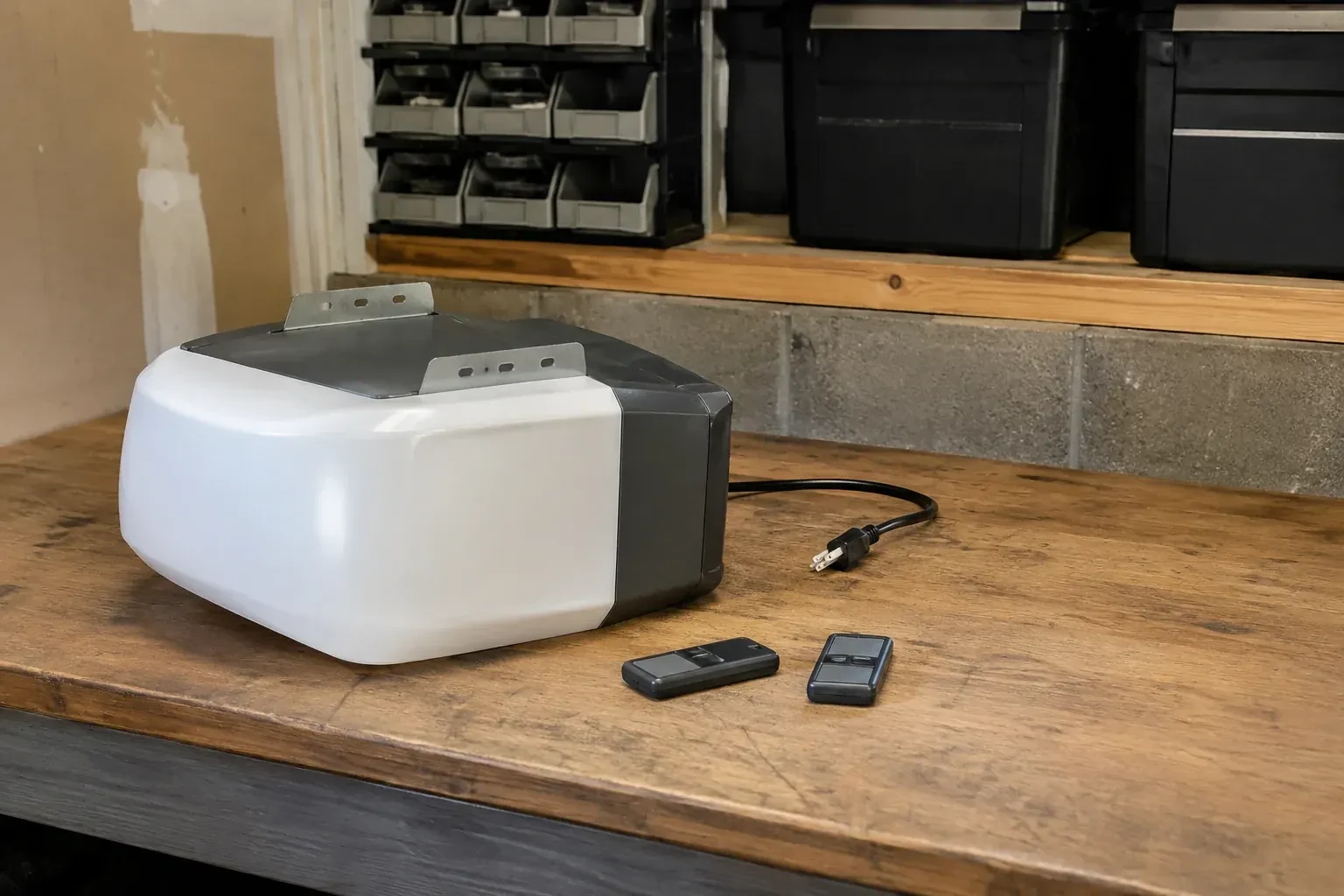 Detached opener housing and two remotes on a garage bench. — Garage Door Opener Replacement, Toronto