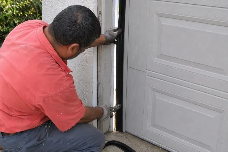 Gloved person holding a black strip along the side of a sectional garage-door opening — Garage Door Perimeter Weatherstrip, Glen Agar