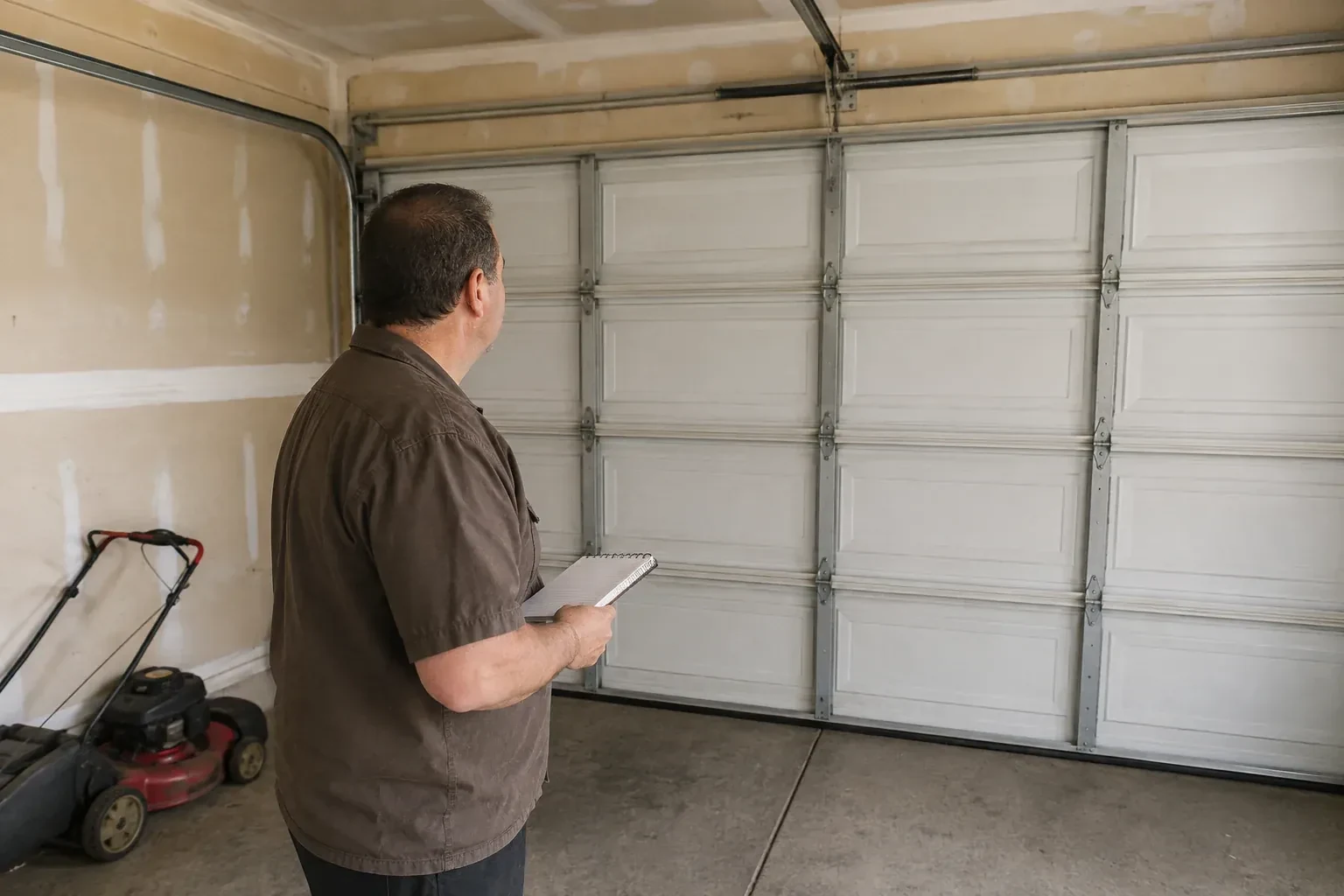Technician holding a notebook while looking at a closed sectional door. — Garage Door Balance Adjustment, Islington