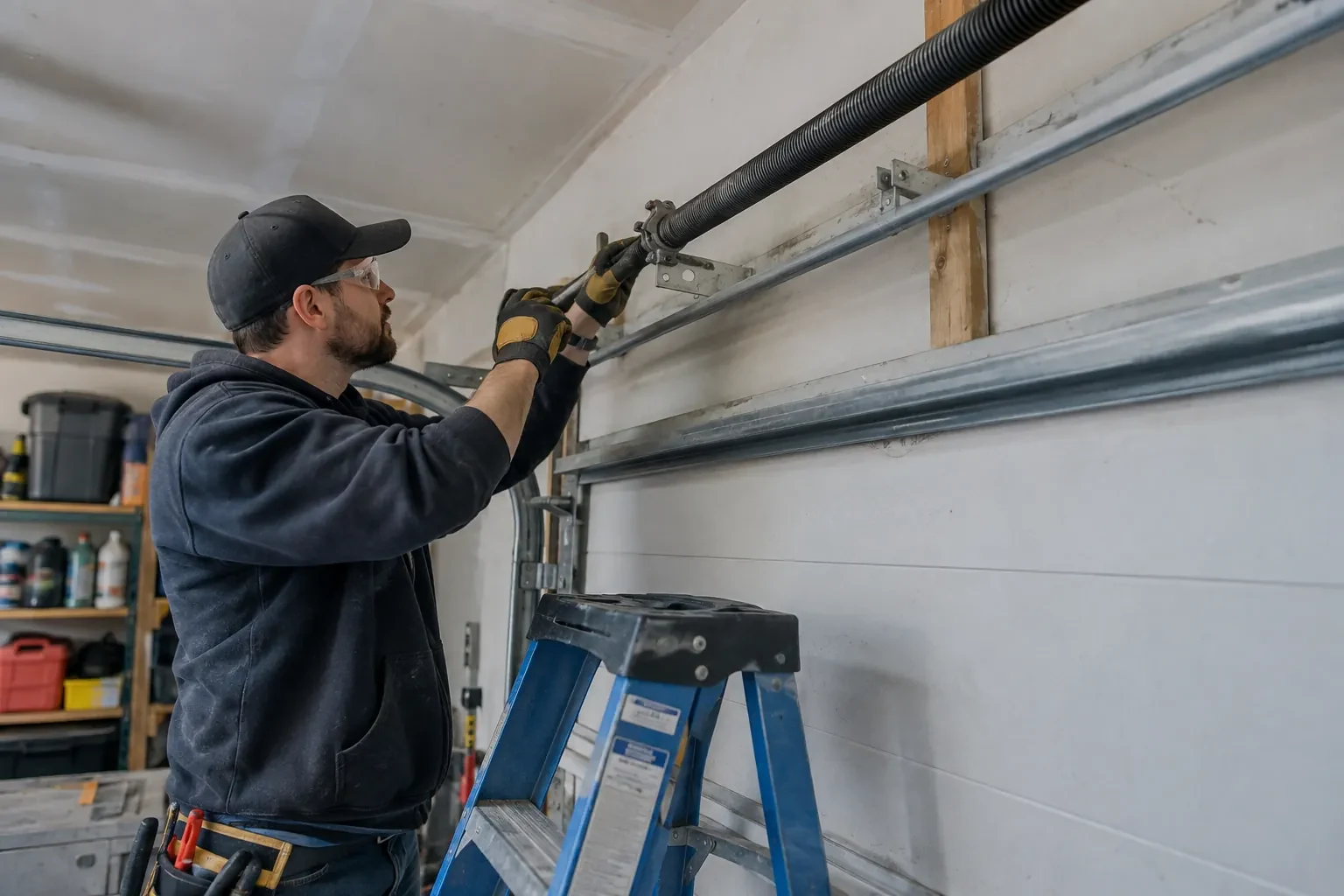 Technician in safety glasses and tan-patched gloves fitting tools to a spring bracket above a gray door, beside a blue stepladder.