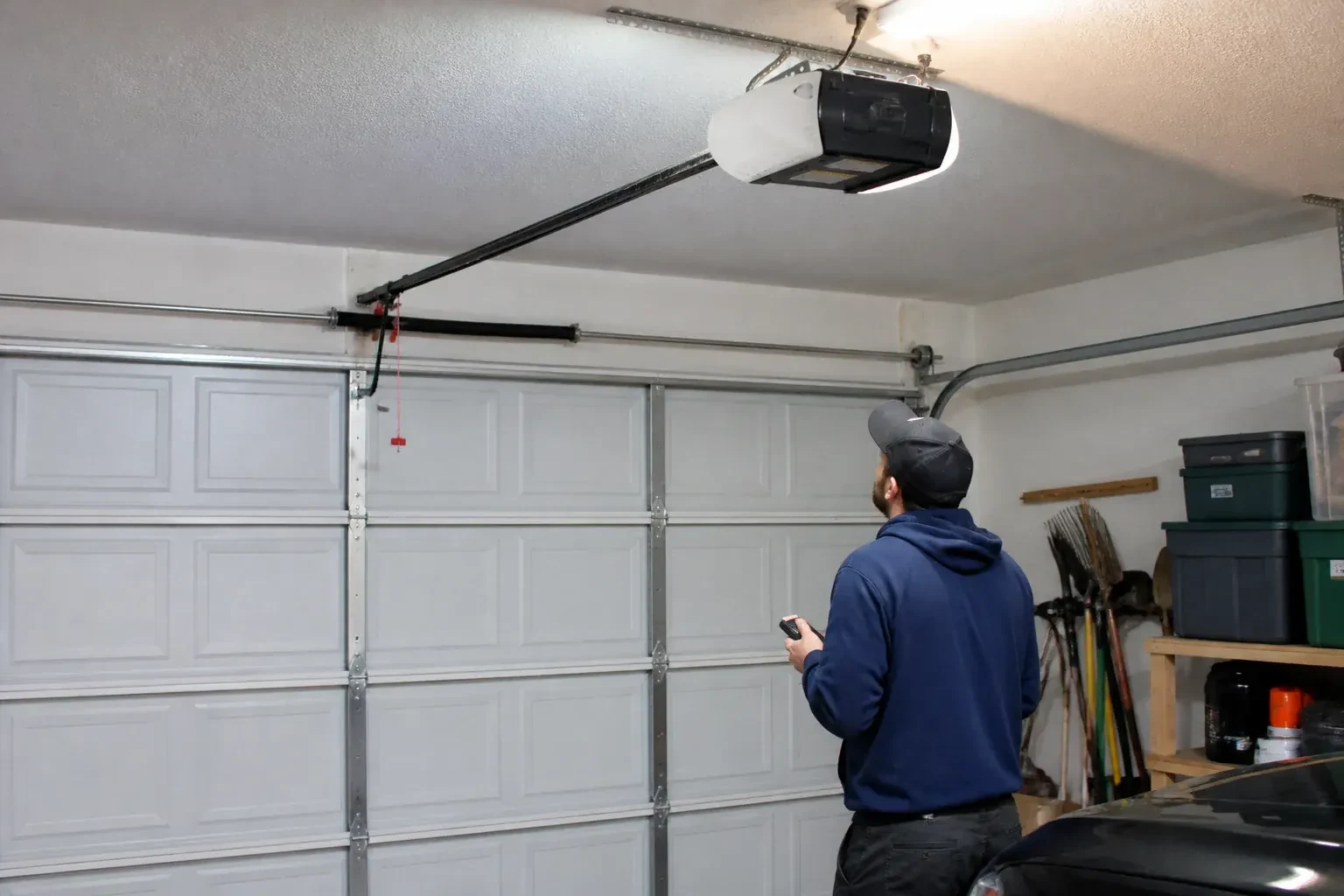 A person holding a remote looks toward an overhead garage-door opener and rail. — Garage Door Opener Diagnosis and Repair, Toronto