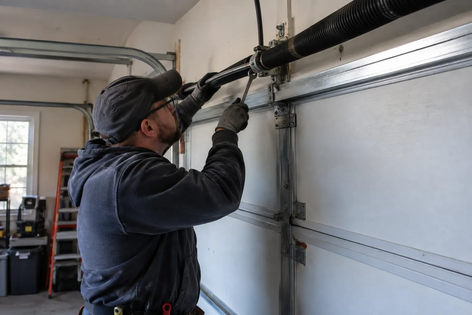 Technician in a gray cap holding a metal bar to the black spring with one hand and a wrench in the other. — West Deane Park