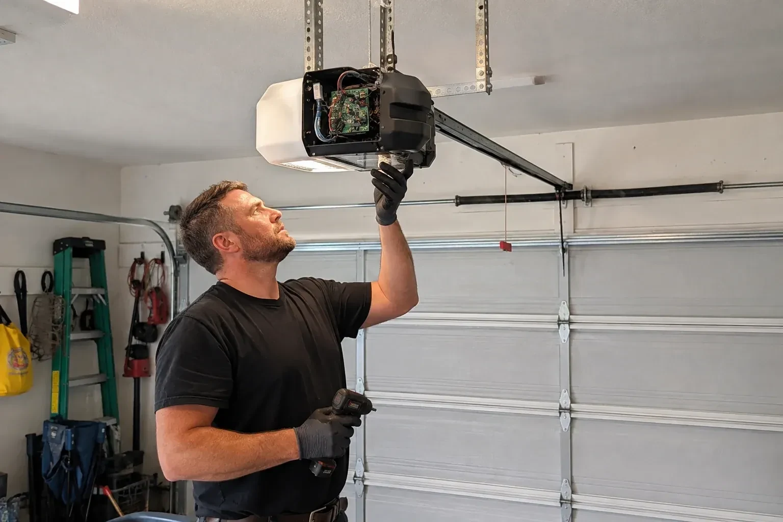 Gloved technician holding a drill and reaching up to an opener housing opened to show a green circuit board. — Belt-Drive Opener Repair, Toronto