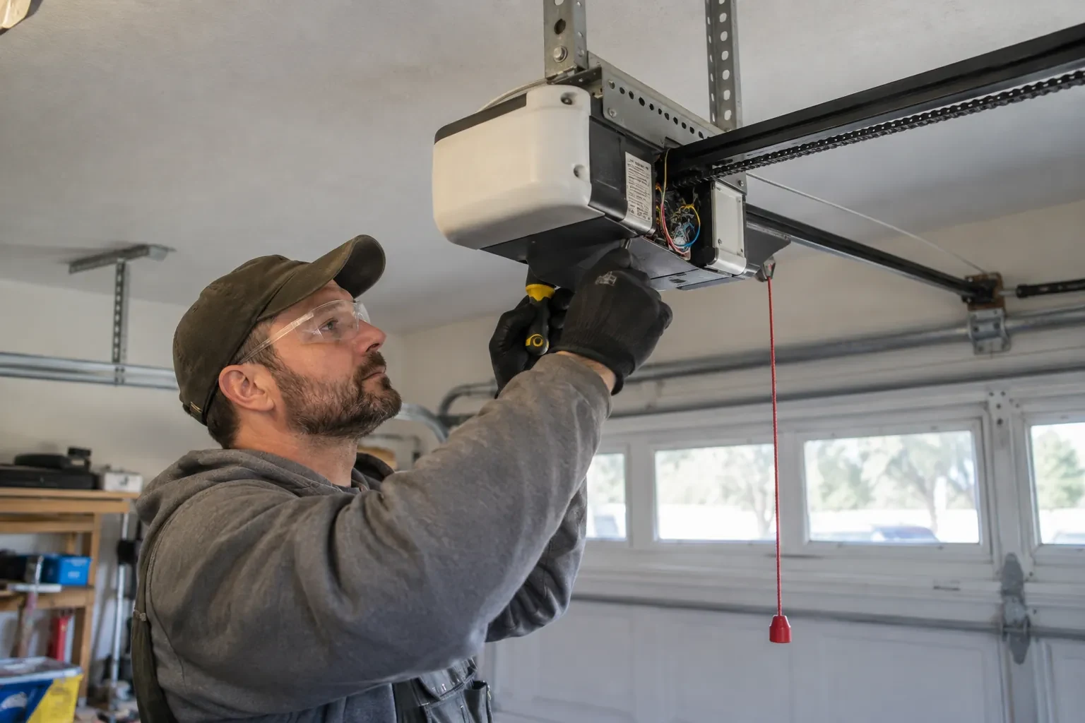 Technician in an olive cap pointing a yellow-handled screwdriver at the wiring of a ceiling opener above a windowed door. — Princess Margaret