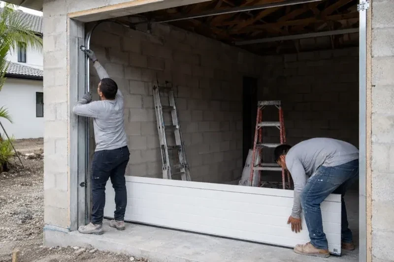 Two people positioning a white garage-door panel and side track in an unfinished masonry garage. — New-Construction Garage Door Installation, Toronto