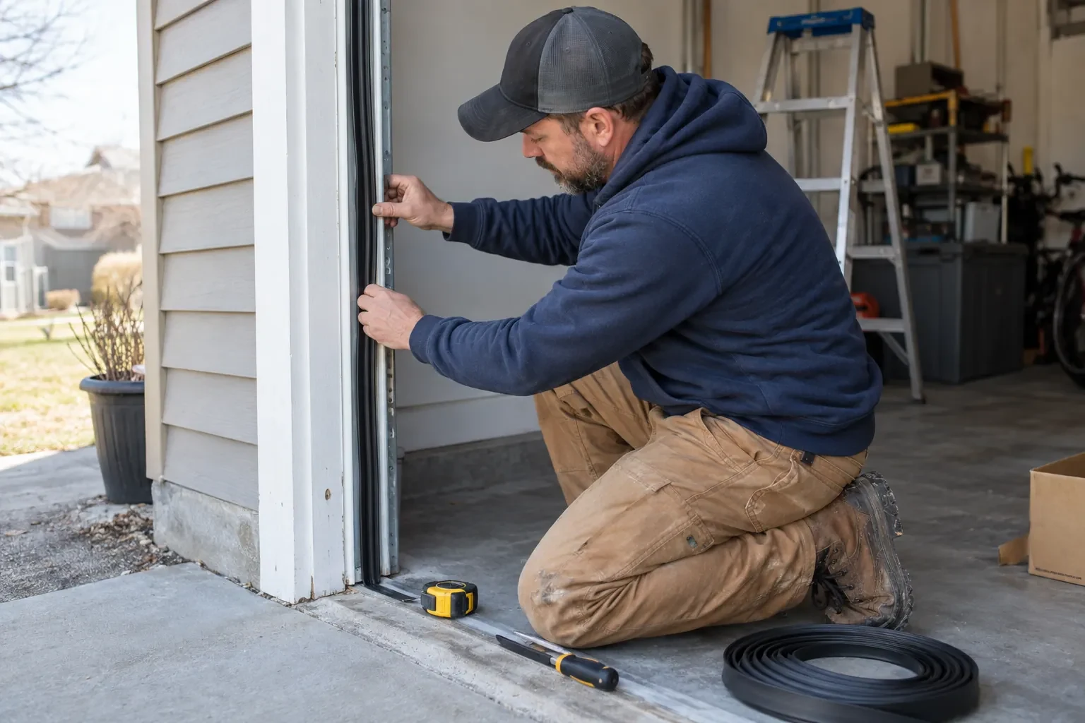 Technician kneeling beside white house siding, pressing a black rubber seal strip along a garage door side track. — Toronto